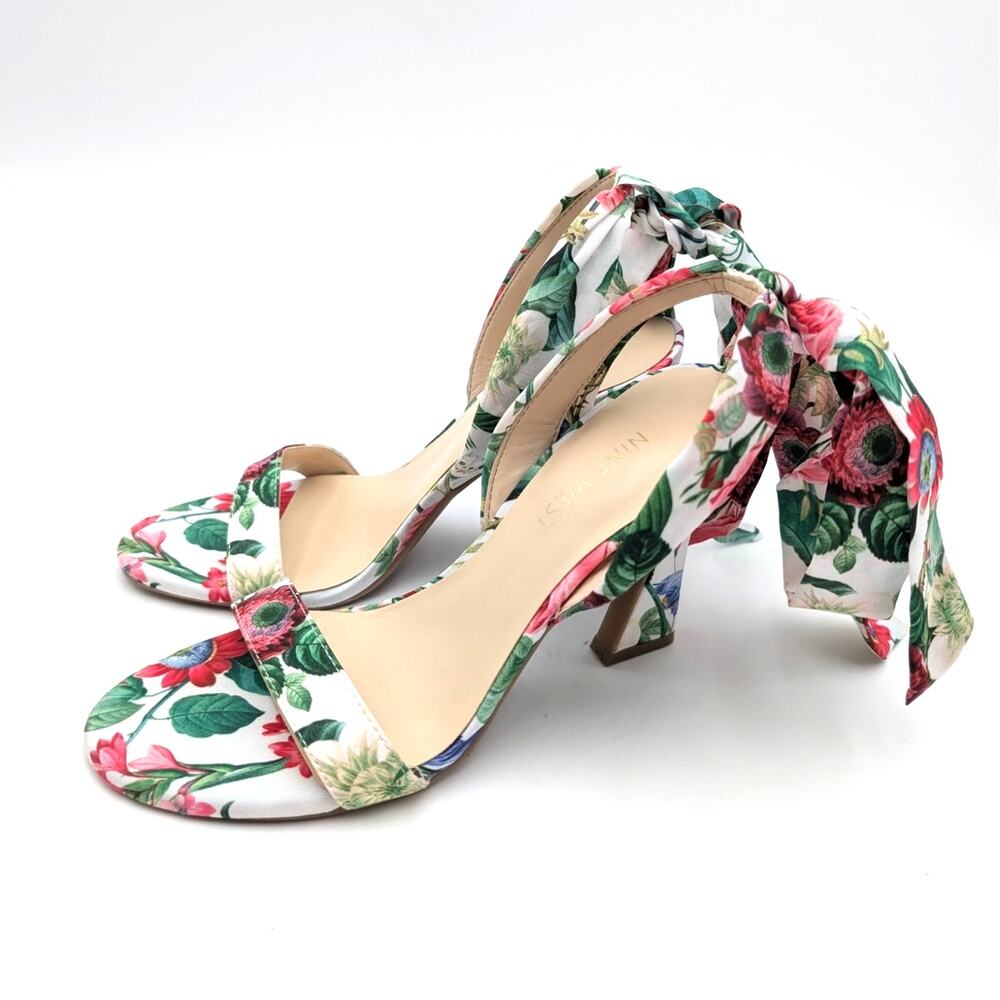 Nine West Kobs Ankle Tie Heel Sandal Women's White Floral Size US5.5M EU36